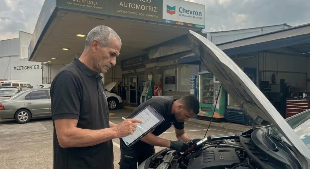 Mecánicos profesionales realizando un peritaje vehicular completo en taller automotriz, revisando motor y puntos de seguridad del vehículo.